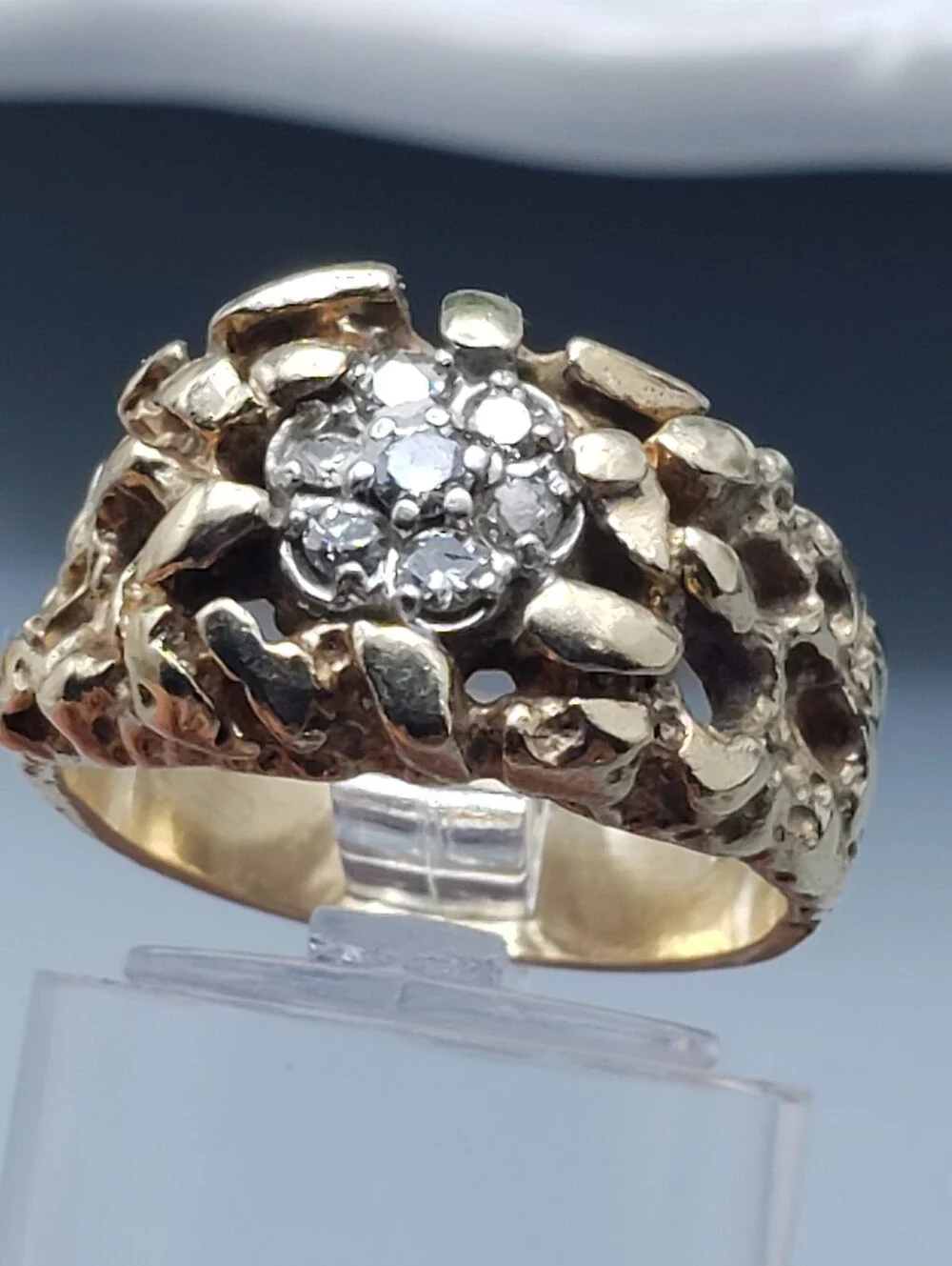 10k Gold Mens Nugget Ring w/ 7 Diamonds Cluster Vintage Neo Classic Luxury 6